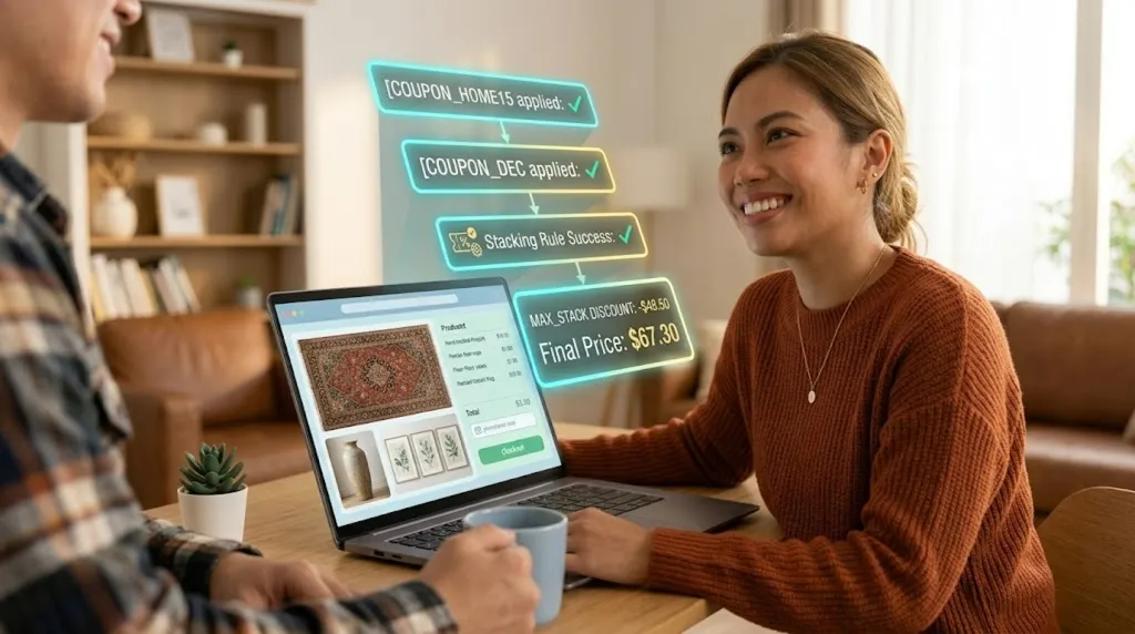 Two people at a table smiling at a laptop where an online order summary is shown beside highlighted notes about coupon codes being applied and a reduced final price