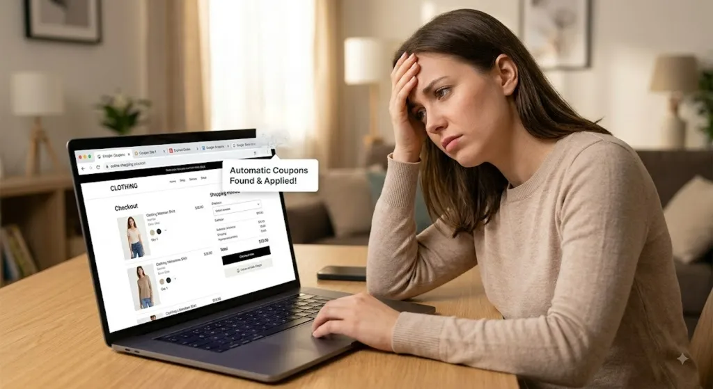 A woman at a laptop in a living room resting her head on one hand while an online clothing checkout page shows a notification that coupons were found and applied